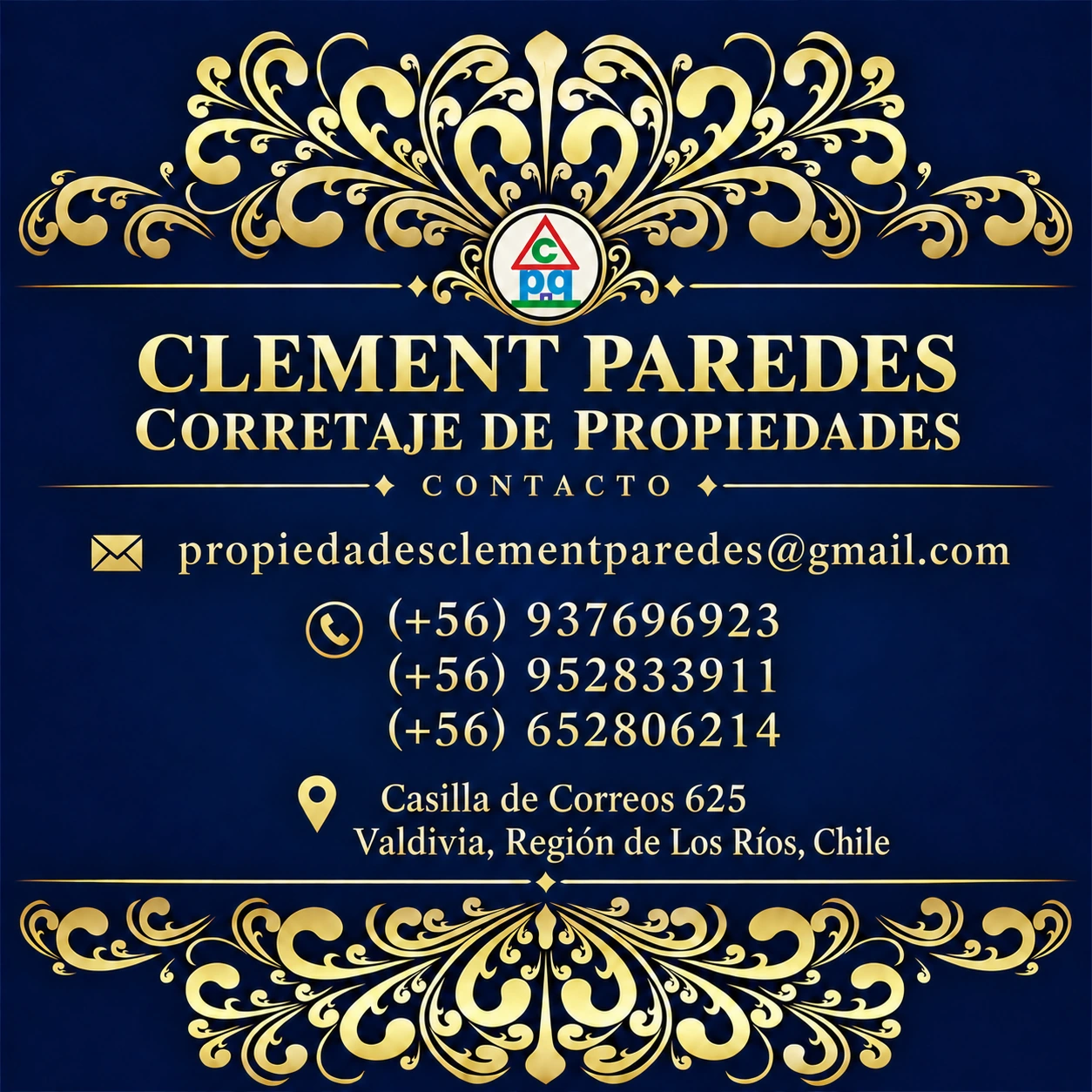 Clement Paredes Corretaje de Propiedades. Contacto: propiedadesclementparedes@gmail.com; (+56) 937696923; (+56) 952833911; (+56) 652806214; Casilla de Correos 625, Valdivia, Región de Los Ríos, Chile.